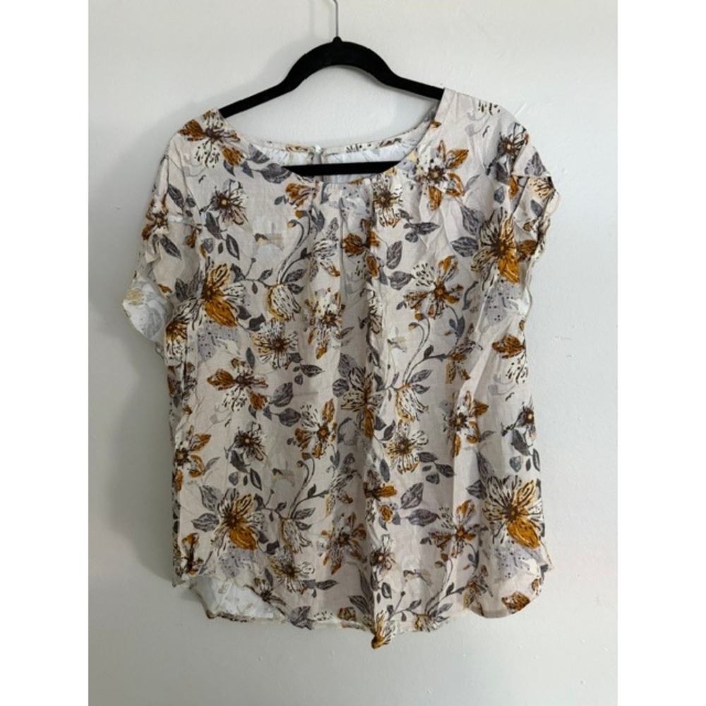 Shein Curve Womens 2XL Floral Short Sleeve Blouse Mustard Grey White Pleated Top